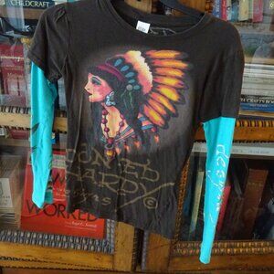 VTG ED HARDY HOLLYWOOD KIDS girls TEE Fabgraphic! L Bright SILVER METALLIC BACK